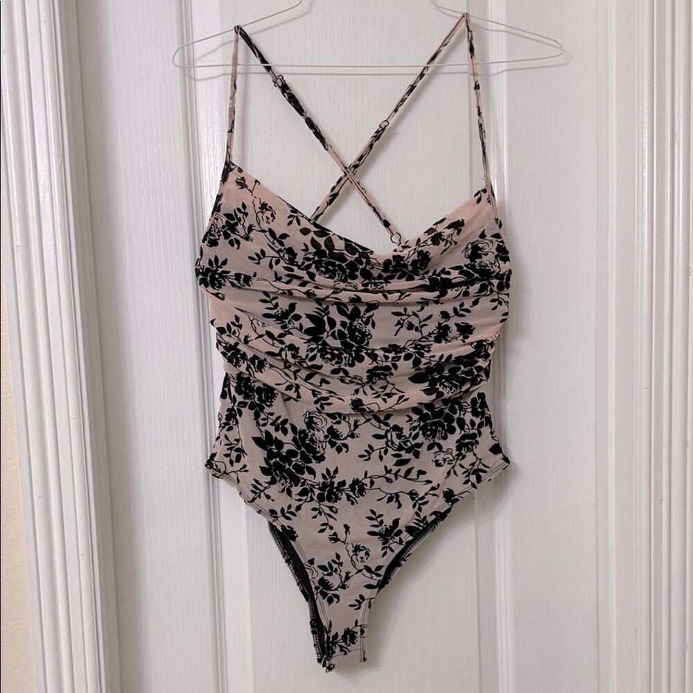 Shein Curve pink and black floral Sexy Sheer Ruched Cami Bodysuit Size 0XL